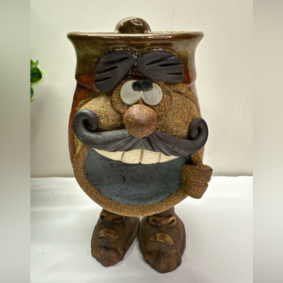 Vintage Ugly Face 3D Mug Studio Art Pottery Signed Mustache Man Face Brown - Picture 1 of 8